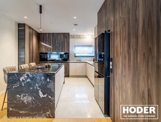 Kitchen worktops Granite Satinato 464 and Bathroom tops quartz conglomerate 8000, 2001, 505 and marble 129