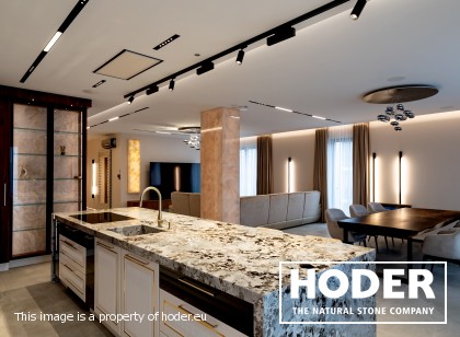 Kitchen worktops Granite 712, Bathroom tops Granite 37 and natural quartzite 442, interior onyks 128